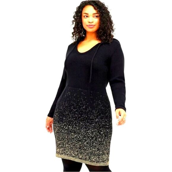 Torrid Plus Size Lurex Black Metalic Gold Hooded Kangaroo Pockets Mini dress 3X - Picture 1 of 16